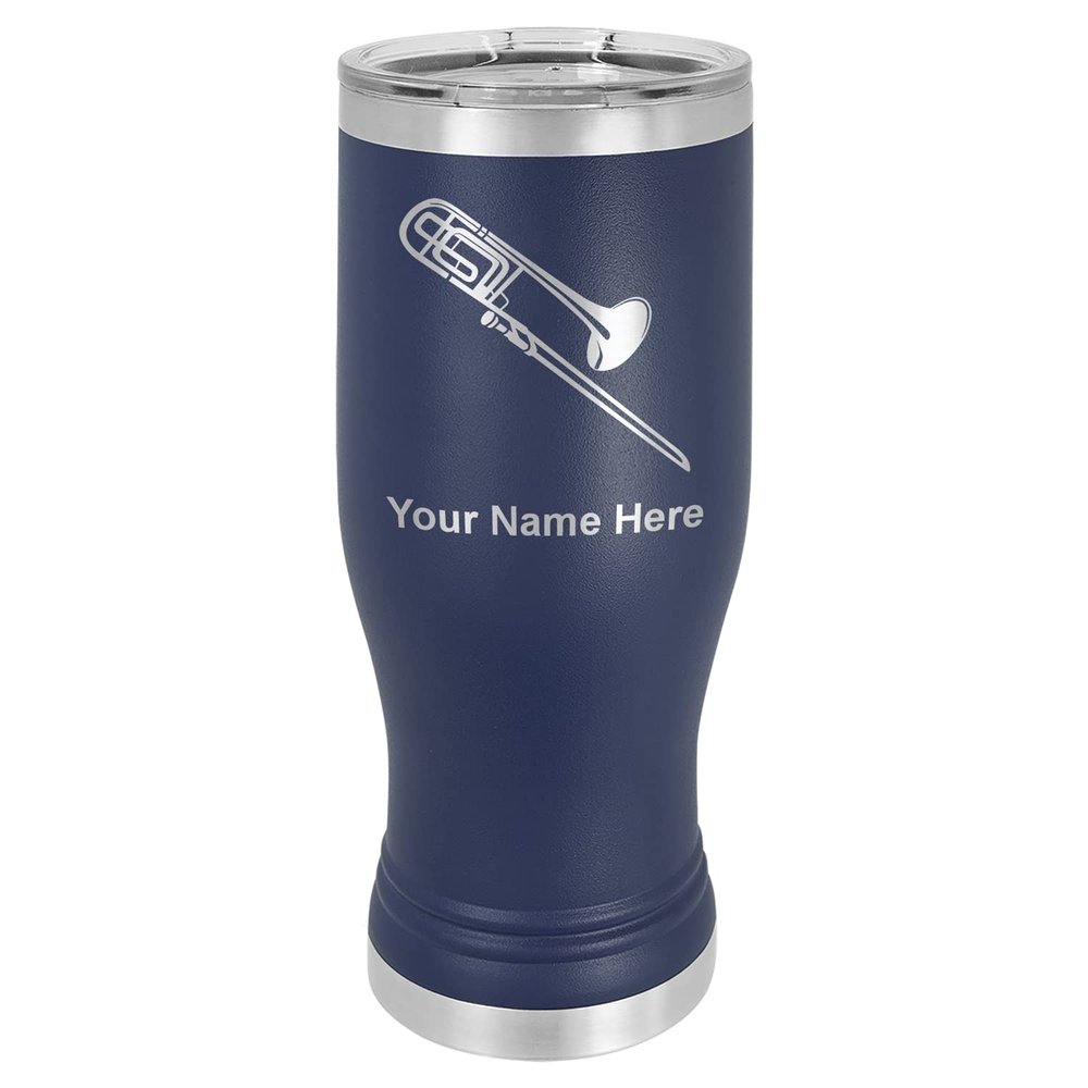 LaserGram 14oz Vacuum Insulated Pilsner Mug, Trombone, Personalized Engraving Included (Navy Blue)