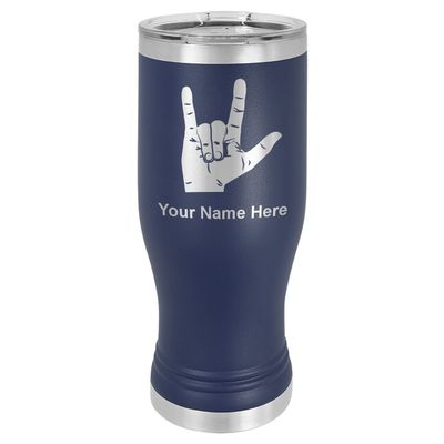 LaserGram 14oz Vacuum Insulated Pilsner Mug, Sign Language I Love You, Personalized Engraving Included (Navy Blue)