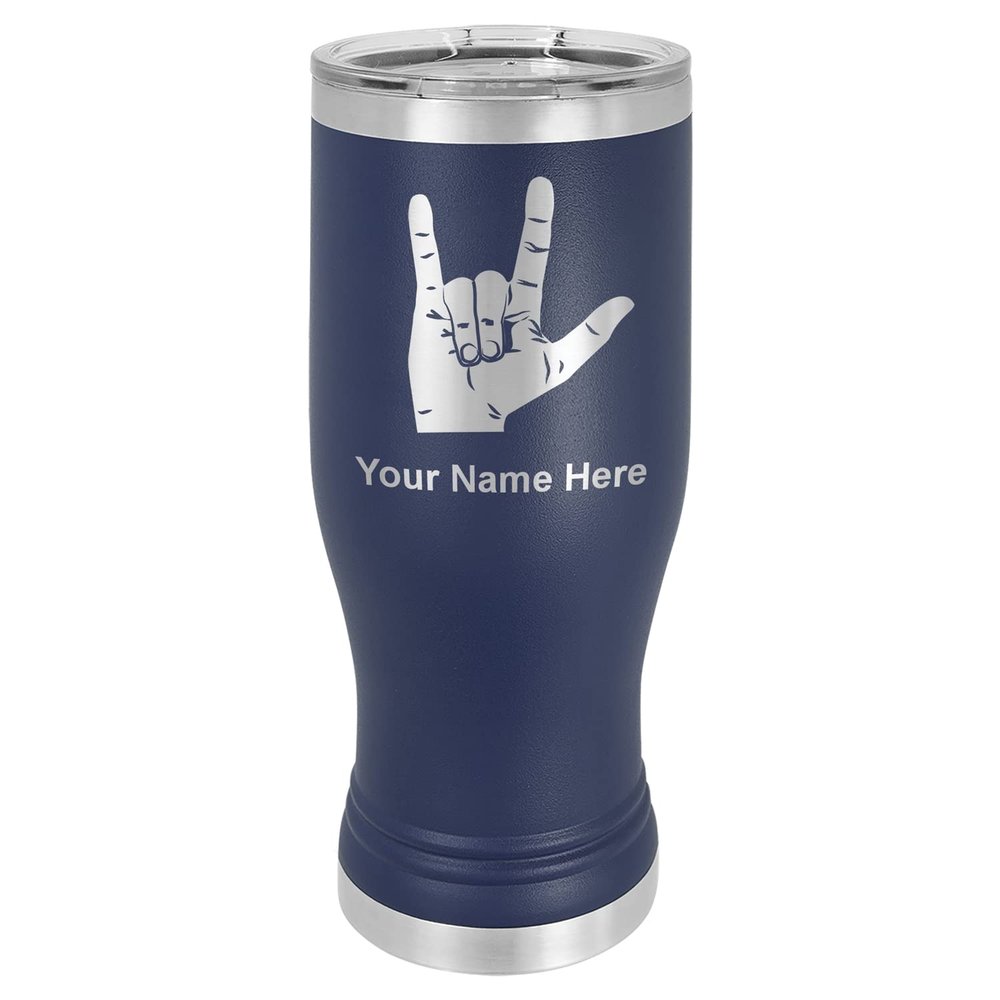 LaserGram 14oz Vacuum Insulated Pilsner Mug, Sign Language I Love You, Personalized Engraving Included (Navy Blue)