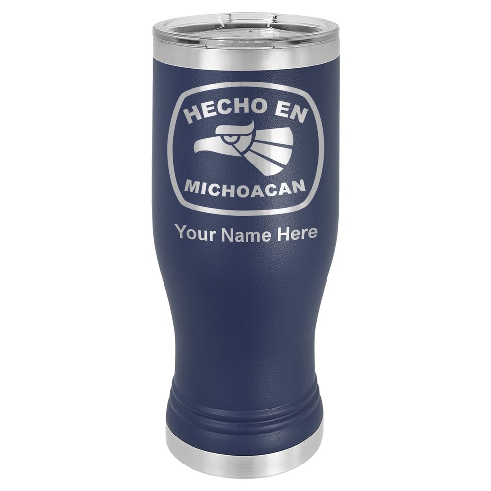 LaserGram 14oz Vacuum Insulated Pilsner Mug, Hecho en Michoacan, Personalized Engraving Included (Navy Blue)