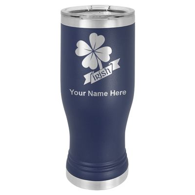 LaserGram 14oz Vacuum Insulated Pilsner Mug, Irish Clover, Personalized Engraving Included (Navy Blue)