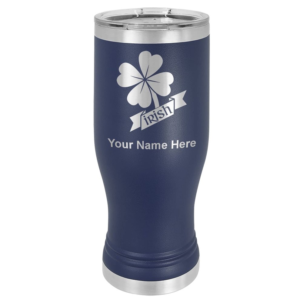 LaserGram 14oz Vacuum Insulated Pilsner Mug, Irish Clover, Personalized Engraving Included (Navy Blue)