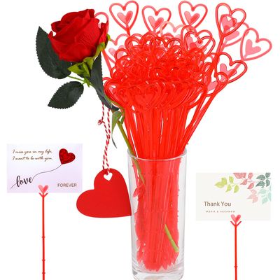 CCINEE 100Pcs Plastic Floral Pick Card Holders Red Heart Shaped Flower Place Card Holders Clips for Floral Arrangement Bouquet Wedding Valentine's Day Decoration, 9 Inches