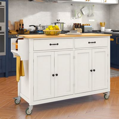 Cuisine Kitchen Cart with Wood Top Utility Breakfast Bar Mobile Service Cart Rolling Kitchen Trolley with Two Storage Cabinets,Locking Wheels,Wine Rack, Spice Rack, Towel Rack (White)