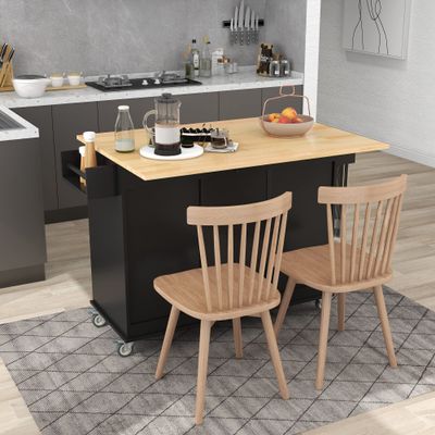 Quarte Mobile Kitchen Island with Solid Wood Top and Storage Cabinet,Drop Leaf Breakfast BarSpice Rack, Towel Rack & Drawer,Kitchen Island on 5 Wheels with 3 Drawers,Lockable Rollers (Black#Q)