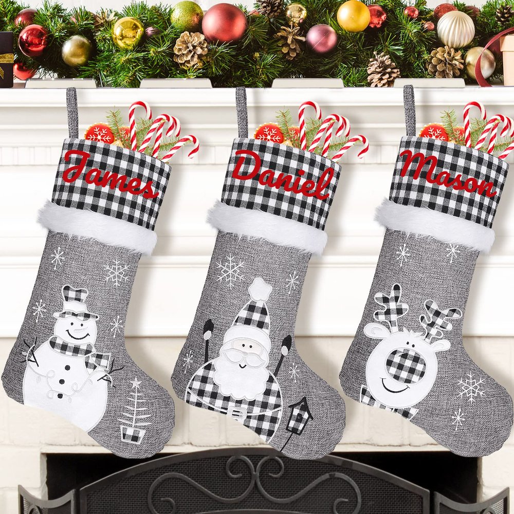 Amidaky Christmas Stockings Personalized Set of 6 Christmas Stockings Bulk 22 inch Santa Snowman Reindeer for Holiday Fireplace Decoration Black and Grey
