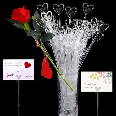 CCINEE 100pcs Plastic Floral Pick Card Holders Clear Heart Shaped Flower Place Card Holders Clips for Wedding Bouquet Birthday Party Supply, 9 Inches
