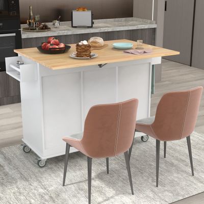 Quarte Mobile Kitchen Island with Solid Wood Top and Storage Cabinet,Drop Leaf Breakfast BarSpice Rack, Towel Rack & Drawer,Kitchen Island on 5 Wheels with 3 Drawers,Lockable Rollers (White#Q)