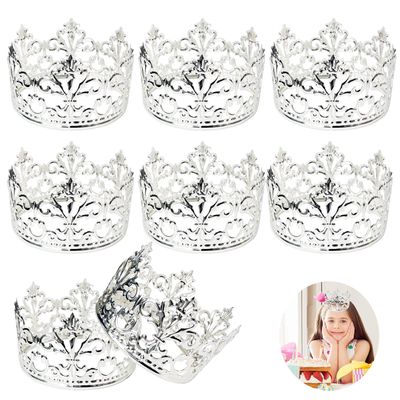 8-Pack Crown Cake Toppers - Silver Delicate Royal Princess Prince Theme Mini Tiara Cake Decor for Baby Shower Birthday Party