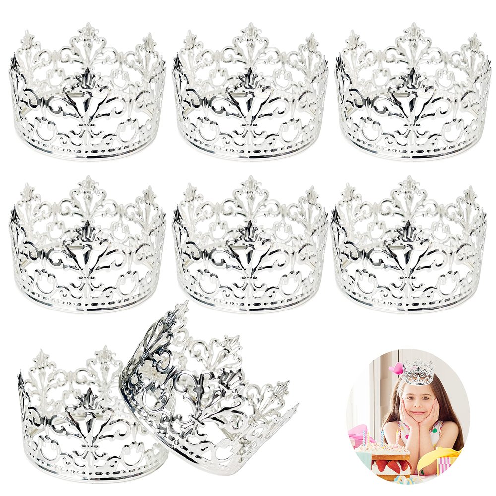 8-Pack Crown Cake Toppers - Silver Delicate Royal Princess Prince Theme Mini Tiara Cake Decor for Baby Shower Birthday Party