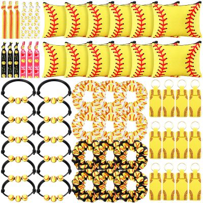 Nuogo 60 Pcs Softball Gifts for Team Girls Softball Party Favors Include Cosmetic Bag, Keychains, Hair Scrunchies, Hair Ties, Bracelets for Sport Theme Birthday Party Supplies