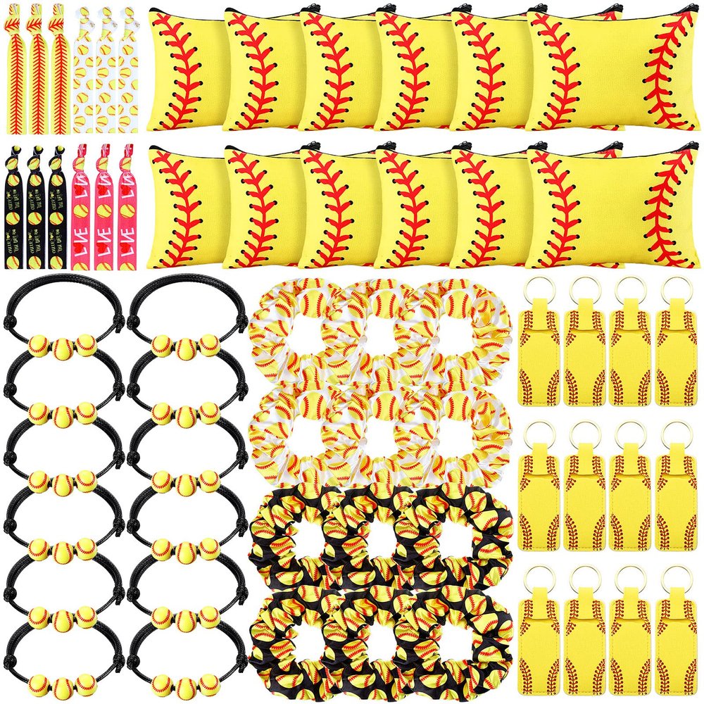 Nuogo 60 Pcs Softball Gifts for Team Girls Softball Party Favors Include Cosmetic Bag, Keychains, Hair Scrunchies, Hair Ties, Bracelets for Sport Theme Birthday Party Supplies