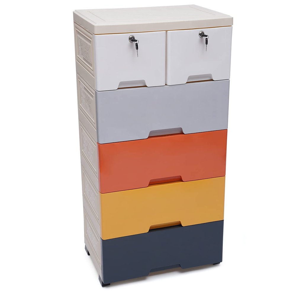 6 Drawer Plastic Drawers Dresser Storage Cabinet with 4 Large Drawers and Top 2 Small Cabinets Locker(with Keys),Closet Drawers Tall Dresser Organizer for Clothes Playroom Bedroom Furniture (Morandi)