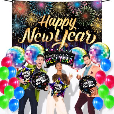 KatchOn, New Years Eve Party Supplies 2026 - Pack of 25 Colorful New Years Decorations | 4D Disco Ball Balloons, Banner, Happy New Year Balloons 2026