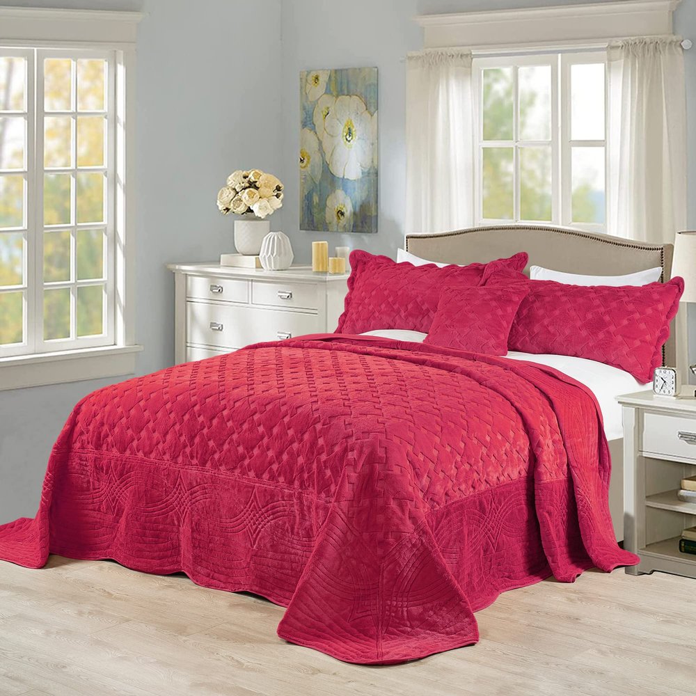 HESTIN 4 Piece Oversized Solid Color Quilt Microfiber Soft Faux Fur Coverlet Geometric Pattern Bedspread Set for All Season, 120" x 120", Red