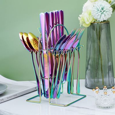 24 Piece Rainbow Silverware Set for 6 With Hanging Cutlery Storage Stainless Steel Flatware Sets TWEE Kitchen Hotel Restaurant Tableware Utensils Set Include Knifes Teaspoons Forks and Spoons