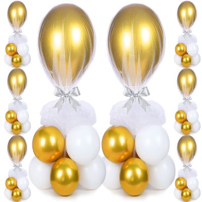 BBTO 8 Set Table Centerpieces Balloons Stand Kit, 80 Pcs Latex Balloons and Table Stand Holder with Base Tulle for Wedding Birthday Baby Shower Party(Gold and White)