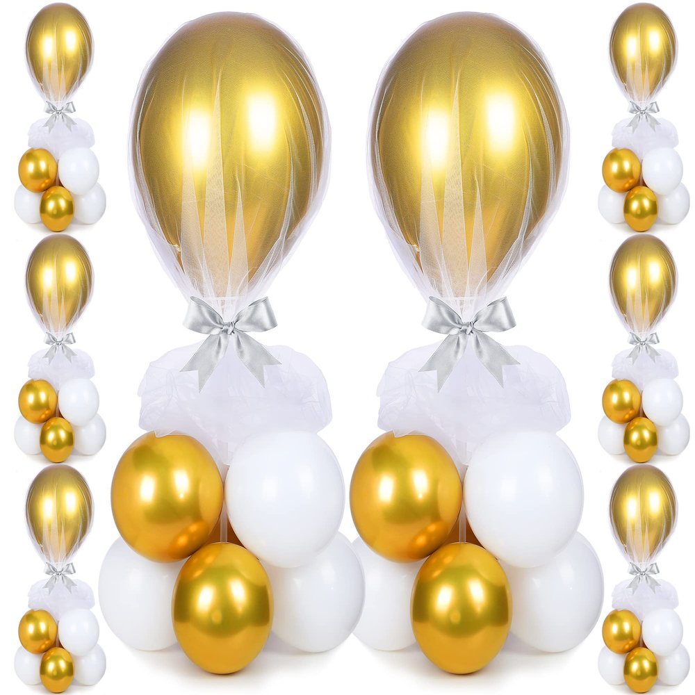 BBTO 8 Set Table Centerpieces Balloons Stand Kit, 80 Pcs Latex Balloons and Table Stand Holder with Base Tulle for Wedding Birthday Baby Shower Party(Gold and White)