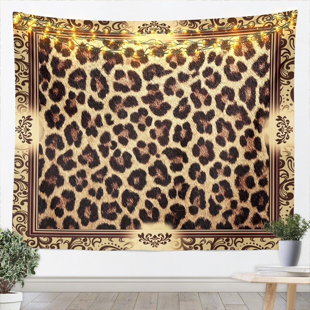 Brown Leopard Print Tapestry,Kids Girls Woman Novelty Room Decor,Abstract Wild Animal Skin Wall Tapestries,Paisley Floral Boho Wall Hanging,Rustic Retro Home Wall Decor,Medium 59.1 x 59.1 Inches