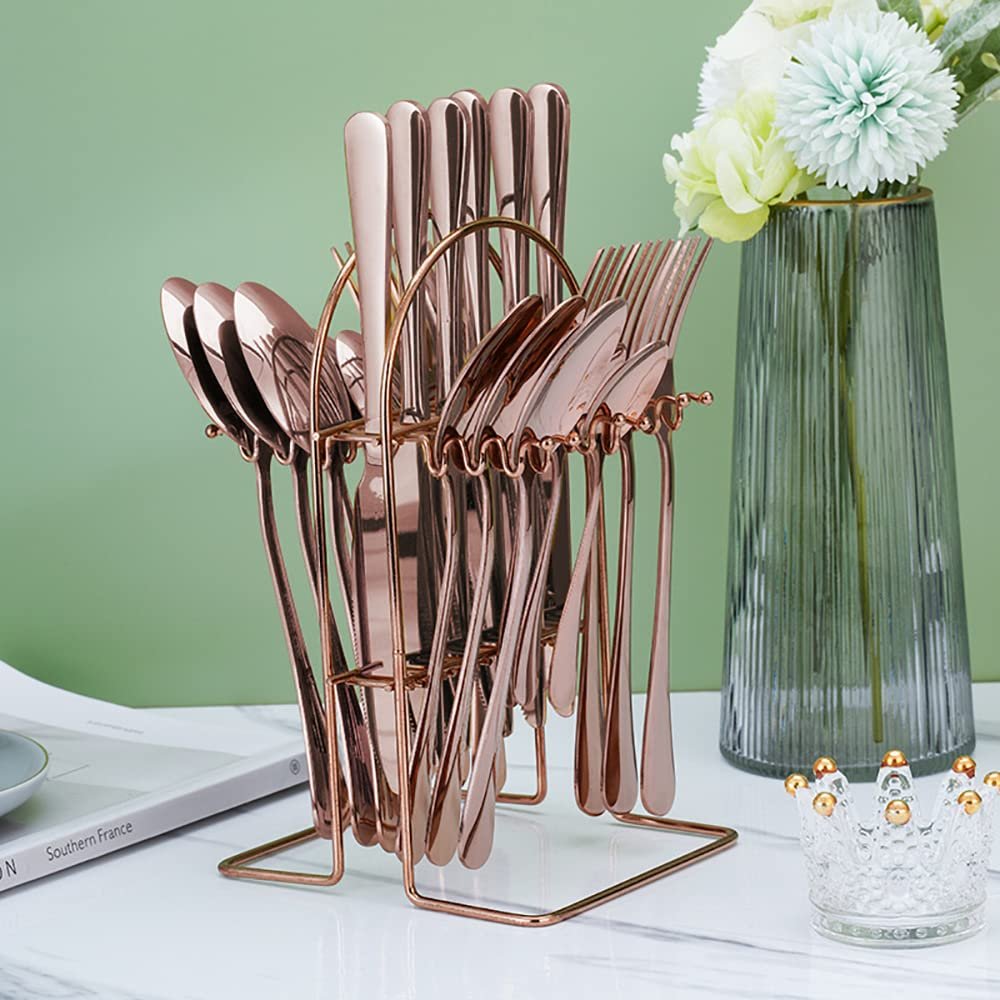 24 Piece Rose Gold Silverware Set for 6 With Hanging Cutlery Storage Stainless Steel Flatware Sets TWEE Kitchen Hotel Restaurant Tableware Utensils Set Include Knifes Teaspoons Forks and Spoons