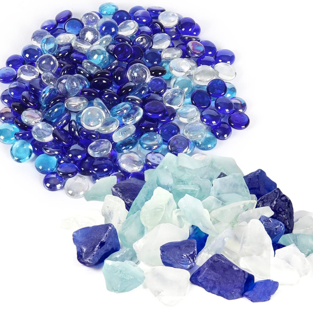 Ausluru 10LB Glass Gemstones Flat Glass Marbles and Frosted Sea Glass Vase fillers Crushed Glass Ideal for Aquariums, Hydroponics Plants, Home Decor, Fireplace and DIY Craft, Blue Mixed