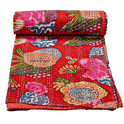 Bohemian Patchwork Kantha Quilt, Boho King Size Bedding Throw Blanket, Fruits Print Patchwork Kantha Quilt, Handmade Kantha Bedcover (Red Color, Queen (90"x 108")