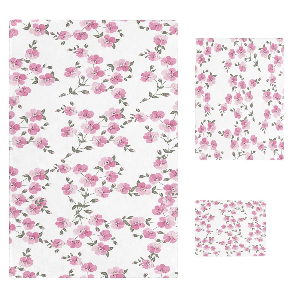 3 Piece Bath Towel Set, Pink Flower Luxury Towels Set for Bathroom Soft Bath Shower Towels Absorbent Bathroom Towels Set ( 1 Bath Towel, 1 Hand Towel, 1 Washcloth ) Rural Blooming Peach Blossom
