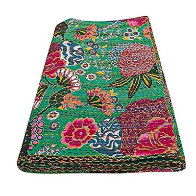 Bohemian Patchwork Kantha Quilt, Boho King Size Bedding Throw Blanket, Fruits Print Patchwork Kantha Quilt, Handmade Kantha Bedcover (Green, King (108"x 108")