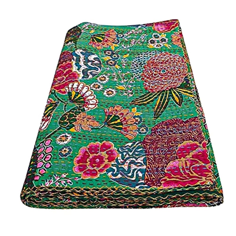 Bohemian Patchwork Kantha Quilt, Boho King Size Bedding Throw Blanket, Fruits Print Patchwork Kantha Quilt, Handmade Kantha Bedcover (Green, King (108"x 108")