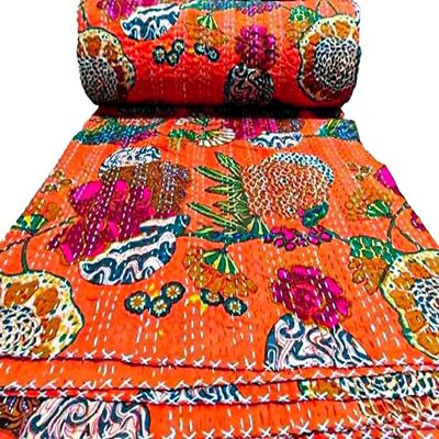 Bohemian Patchwork Kantha Quilt, Boho King Size Bedding Throw Blanket, Fruits Print Patchwork Kantha Quilt, Handmade Kantha Bedcover (Orange, King (108"x 108")