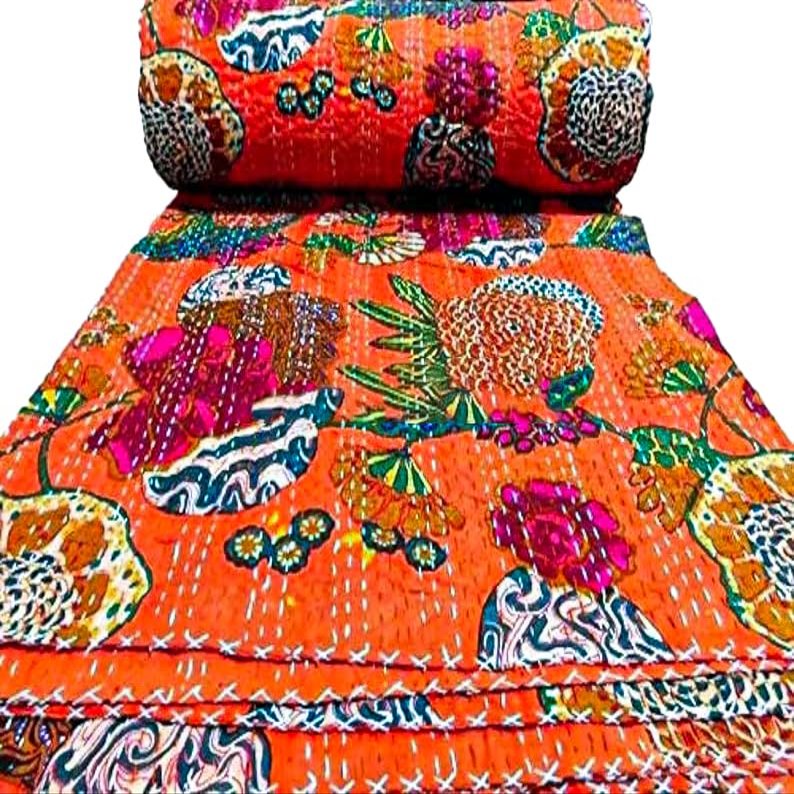 Bohemian Patchwork Kantha Quilt, Boho King Size Bedding Throw Blanket, Fruits Print Patchwork Kantha Quilt, Handmade Kantha Bedcover (Orange, King (108"x 108")