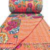 Bohemian Patchwork Kantha Quilt, Boho King Size Bedding Throw Blanket, Fruits Print Patchwork Kantha Quilt, Handmade Kantha Bedcover (Orange, King (108"x 108") view 2