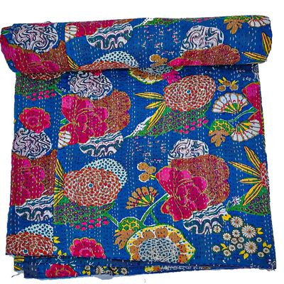Bohemian Patchwork Kantha Quilt, Boho King Size Bedding Throw Blanket, Fruits Print Patchwork Kantha Quilt, Handmade Kantha Bedcover (Blue, King (108"x 108")