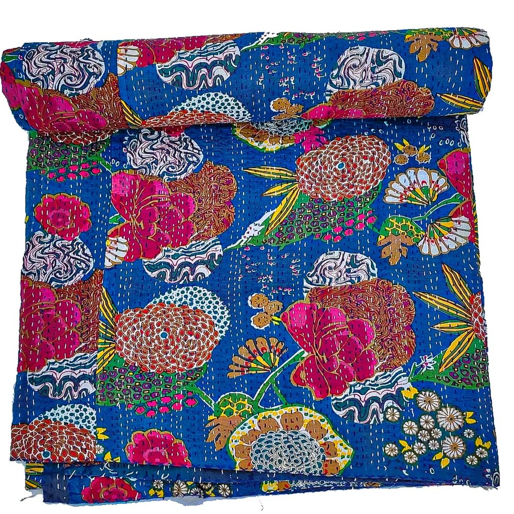 Bohemian Patchwork Kantha Quilt, Boho King Size Bedding Throw Blanket, Fruits Print Patchwork Kantha Quilt, Handmade Kantha Bedcover (Blue, King (108"x 108")