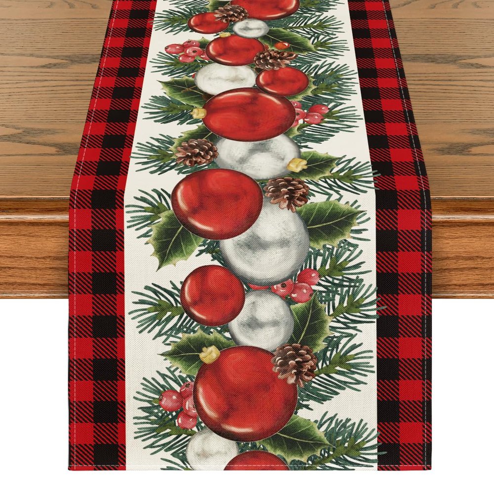 Artoid Mode Red Black Buffalo Plaid Xmas Balls Holly Christmas Table Runner, Winter Kitchen Dining Table Decoration for Outdoor Home Party 13x120 Inch
