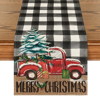 Artoid Mode Buffalo Plaid Merry Christmas Tree Table Runner, Seasonal Truck Gifts Kitchen Dining Table Decoration for Outdoor Home Party 13x90 Inch