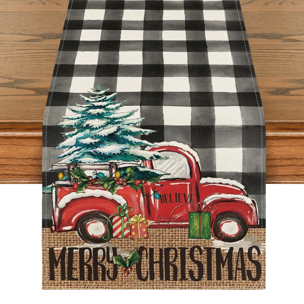 Artoid Mode Buffalo Plaid Merry Christmas Tree Table Runner, Seasonal Truck Gifts Kitchen Dining Table Decoration for Outdoor Home Party 13x90 Inch