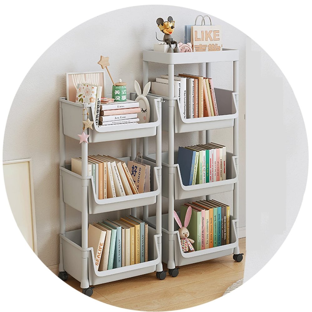 Multi-layer storage rolling cart with Hooks, Kitchen/Under Desk Storage Trolley, Rolling Utility Cart for Bathroom Dorm, Adjustable Storage Shelves for Narrow Spaces, Bathroom Rolling Cart Organizer