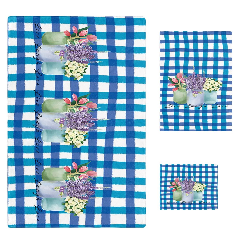 3 Piece Bath Towel Set, Floral Luxury Towels Set for Bathroom Soft Bath Shower Towels Absorbent Bathroom Towels Set ( 1 Bath Towel, 1 Hand Towel, 1 Washcloth ) Tulip Lavender Flowers Blue Checkered