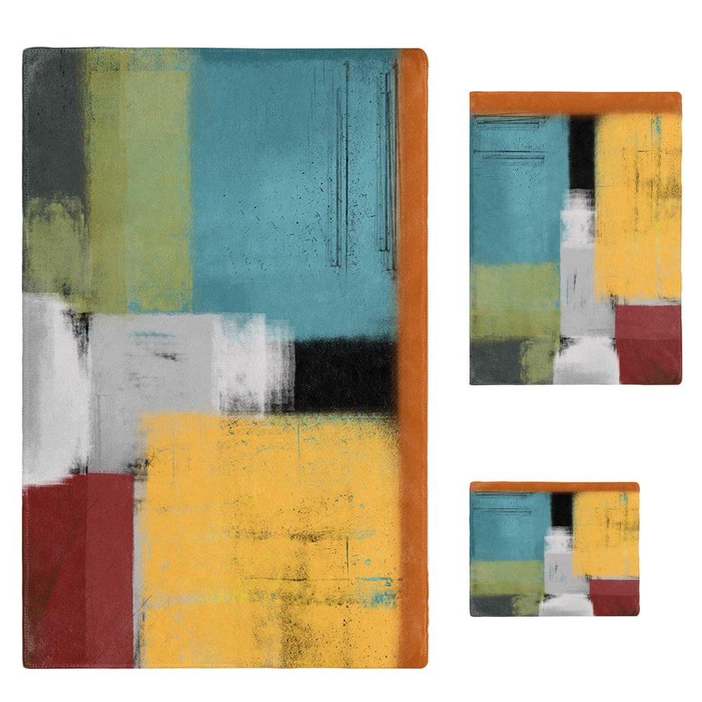 3 Piece Bath Towel Set, Abstract Color Painting Towels Set for Bathroom Soft Bath Shower Towels Absorbent Bathroom Towels Set ( 1 Bath Towel, 1 Hand Towel, 1 Washcloth ) Orange Green Art Geometry