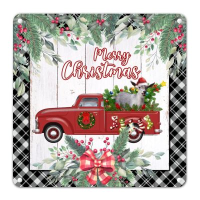 Christmas Metal Sign Sheep Red Truck Tin Sign Berries Wreath Buffalo Plaid Wood Grain Signs Retro Farmhouse Hanging Poster Retro Wall Art for Garage Garden Front Door Porch 12x12in