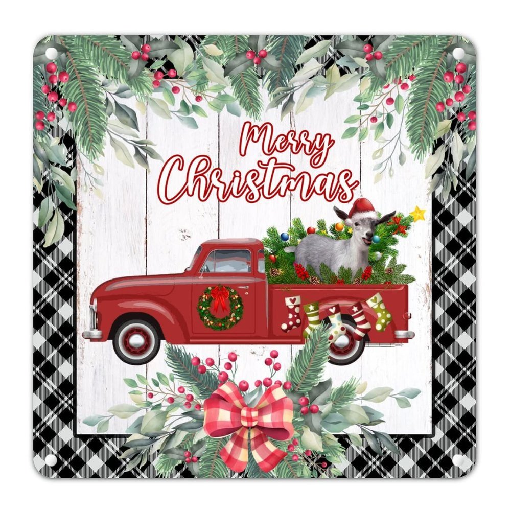 Christmas Metal Sign Sheep Red Truck Tin Sign Berries Wreath Buffalo Plaid Wood Grain Signs Retro Farmhouse Hanging Poster Retro Wall Art for Garage Garden Front Door Porch 12x12in