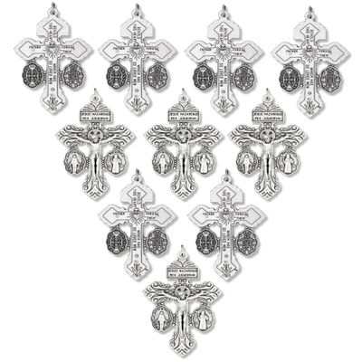 Bulk Pack of 25 Pardon Indulgence Crucifix Triple Threat Crucifix Cross for Rosary Making with St Benedict Medal and Miraculous Medal 2 18 Inch Silver Oxidized Italian Crucifix Catholic Rosary