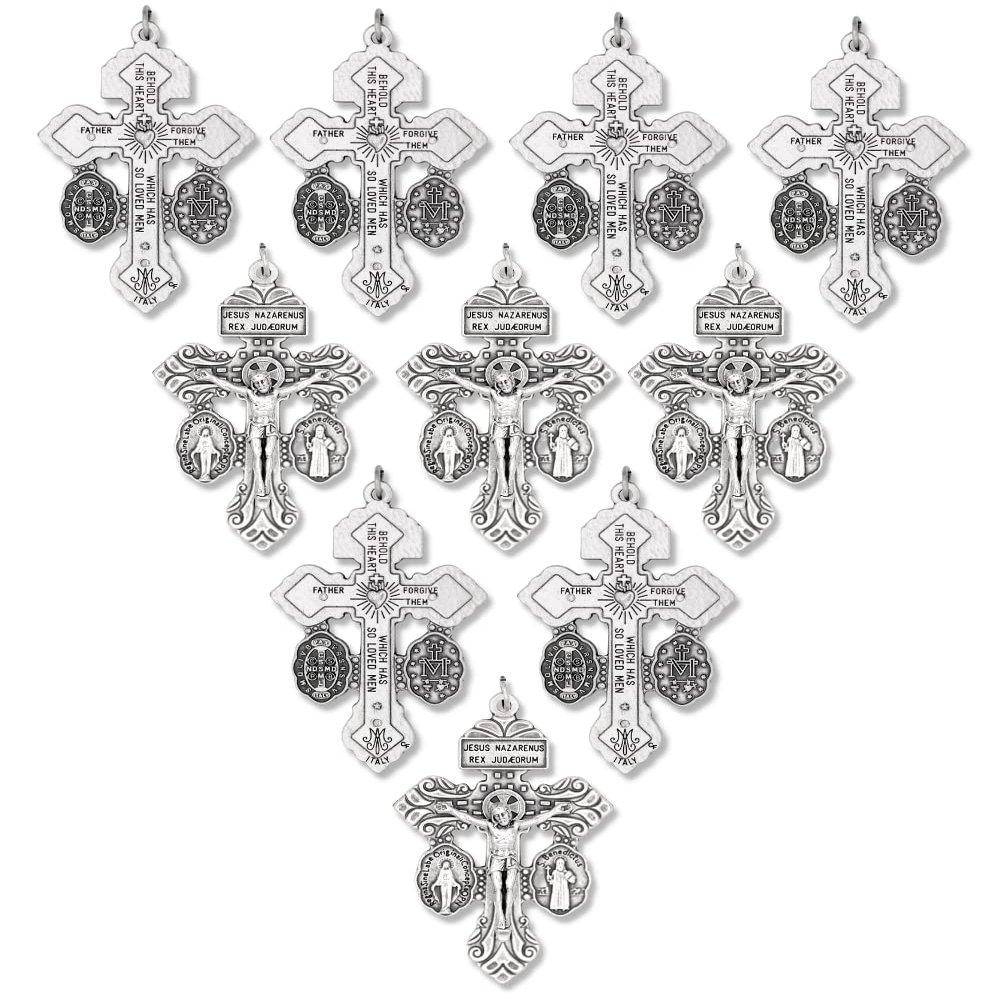 Bulk Pack of 25 Pardon Indulgence Crucifix Triple Threat Crucifix Cross for Rosary Making with St Benedict Medal and Miraculous Medal 2 18 Inch Silver Oxidized Italian Crucifix Catholic Rosary