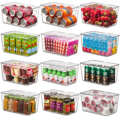 Set Of 12 Refrigerator Organizer Bins with Lids - Plastic Pantry Organization and Storage Baskets - Stackable Food Fridge Organizers with Cutout Handles for Freezer, Kitchen, Countertops, Cabinets