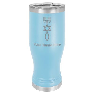 LaserGram 14oz Vacuum Insulated Pilsner Mug, Messianic Symbol, Personalized Engraving Included (Light Blue)