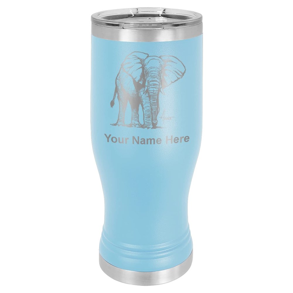 LaserGram 14oz Vacuum Insulated Pilsner Mug, African Elephant, Personalized Engraving Included (Light Blue)
