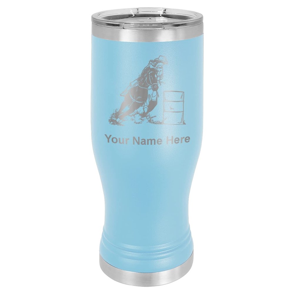 LaserGram 14oz Vacuum Insulated Pilsner Mug, Barrel Racer, Personalized Engraving Included (Light Blue)