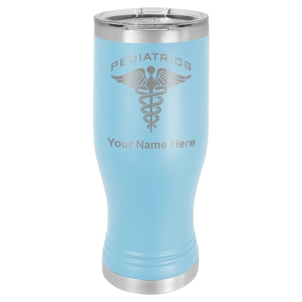 LaserGram 14oz Vacuum Insulated Pilsner Mug, Pediatrics, Personalized Engraving Included (Light Blue)