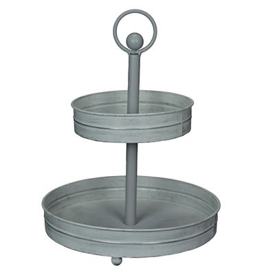 Distressed Washed White Metal Rustic Round Two-Tier Farmhouse Tray Serving Stand Display Decor  16 Inches High, Perfect for Country Kitchens and Homes